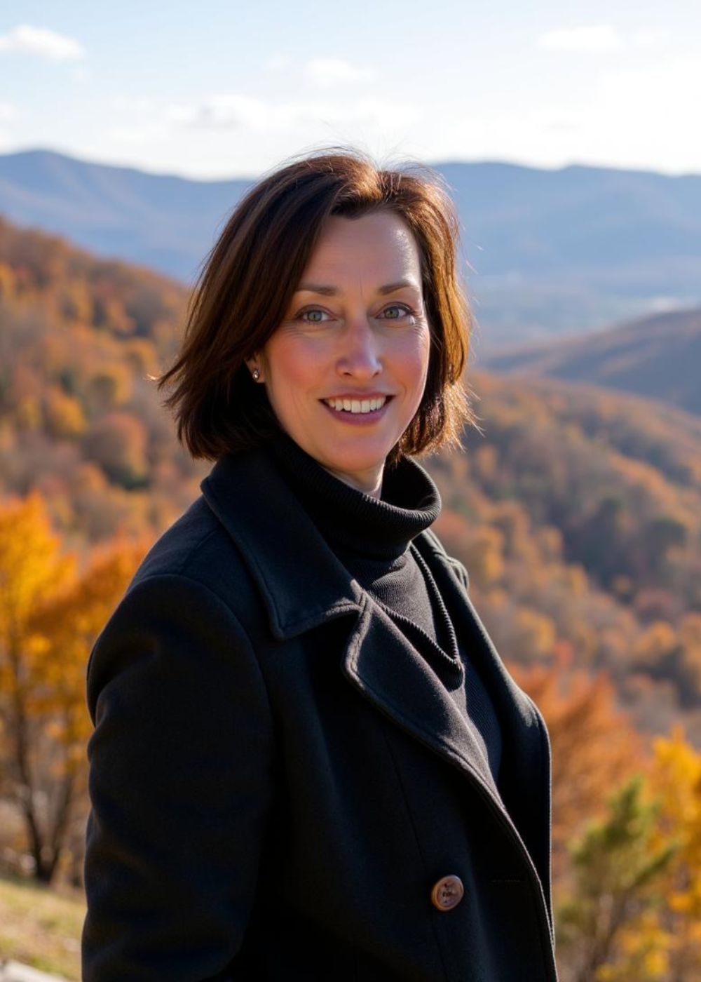 Julia Staffa – authentisch, klar und präsent Porträt von Julia Staffa vor herbstlicher Berglandschaft – Sinnbild für Klarheit, Naturverbundenheit und authentisches Auftreten.
