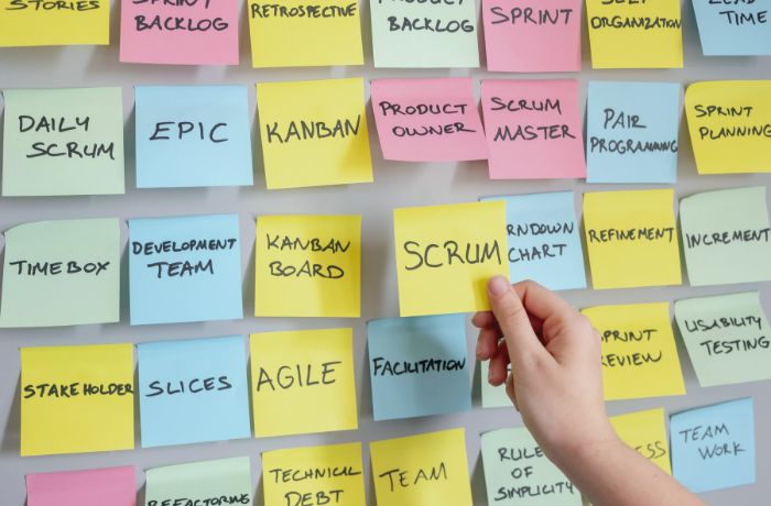 Bunte Haftnotizen mit Begriffen aus der agilen Arbeitsweise wie „Scrum“, „Kanban“, „Sprint“.