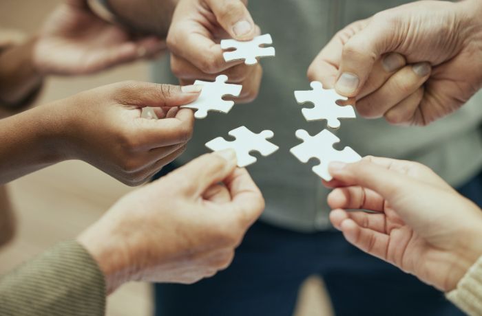 Mehrere Hände halten einzelne Puzzleteile – Symbol für Zusammenarbeit, Teamdynamik und gemeinsame Lösungsfindung. 