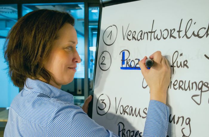 Strategien & Prozesse nachhaltig entwickeln Julia schreibt das Wort „Prozesse“ auf ein Flipchart in einem modernen Büro.